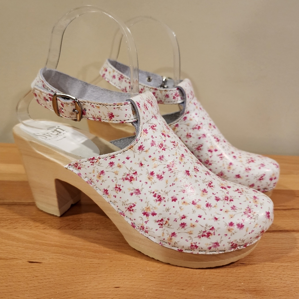 Sven Halter Top Clogs Mid Heel Pink White Micro Floral Print Wooden Clog sz 39